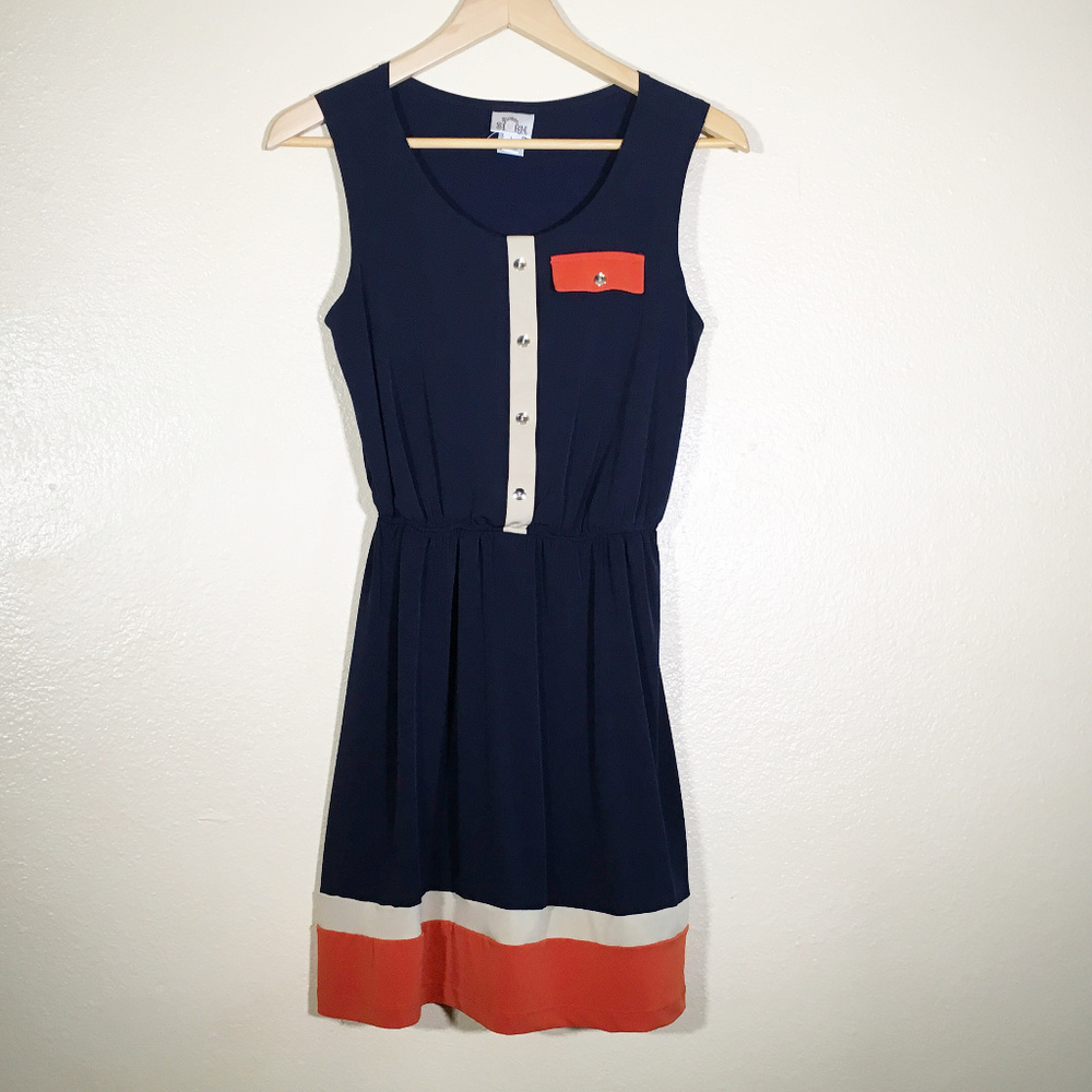 Sweet Storm Navy, Cream, & Orange Sleeveless Dress